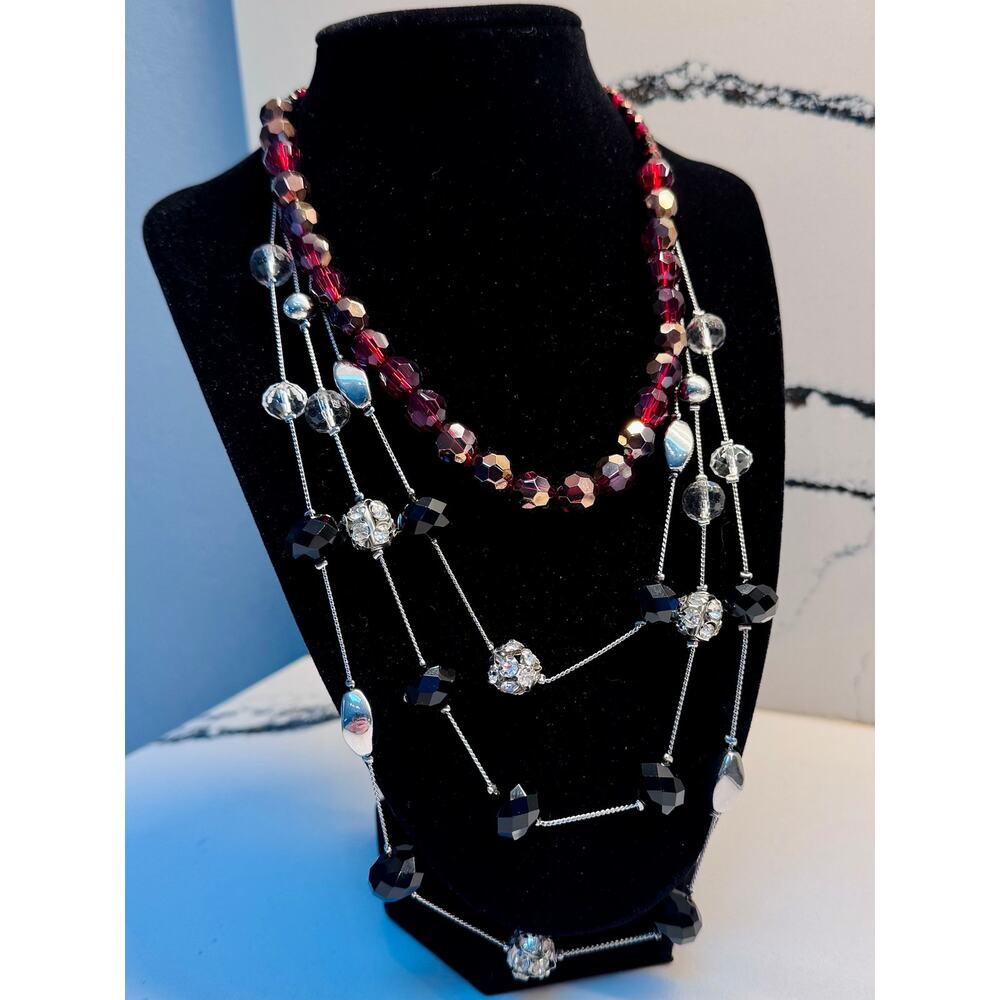 2 Pc Layered Necklace Set Red Beaded + Black Silver Multi Strand Statement